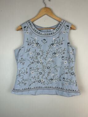 VTG Poetic Blue Floral Embroidered Sleeveless Back Button Sz 14 Cottagecore